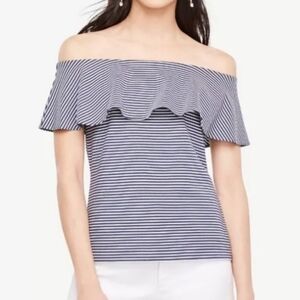 ANN TAYLOR striped off the shoulder ruffle top nautical beachy summer